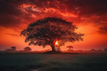 Fototapeta na wymiar Sunset with big tree in the field, 3D render, generative ai