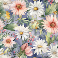 Seamless Watercolor Daisies Pattern, Repeating Floral Background, Generative AI