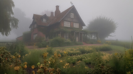 Foggy Morning at the Lower Saxony Farmhouse with a Cottage Garden. Generative AI - obrazy, fototapety, plakaty
