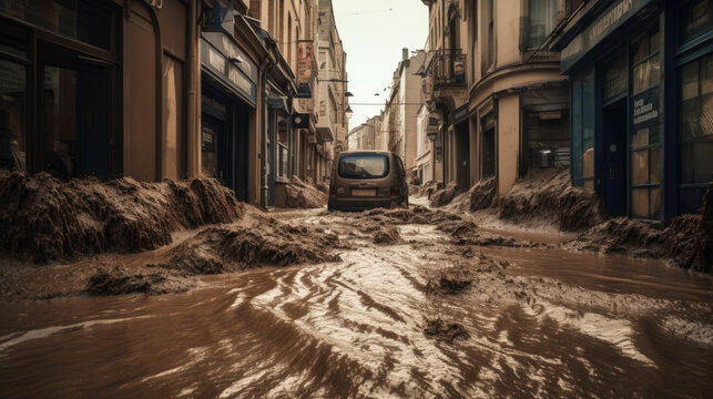 Huge Flooding On A City Street. Generative AI