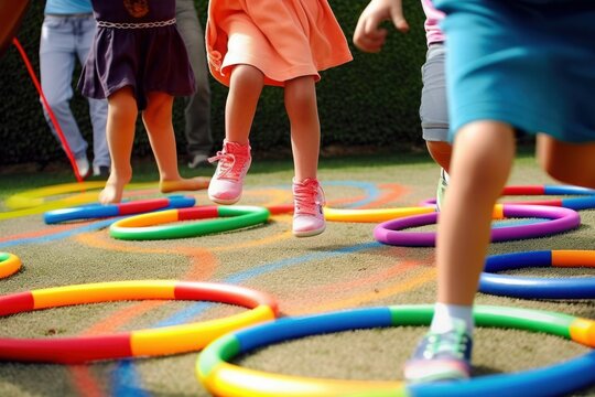 Children playing with colourful rings on the playground in the schoolyard. Children having fun outdoors, generative ai