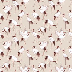 Seamless pattern with red-crowned japanese cranes in oriental style. Can be used for wallpaper, pattern fills, textile, web page background, surface textures.