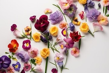 Obraz na płótnie Canvas Colorful flowers on white background. Flat lay, top view, generative ai