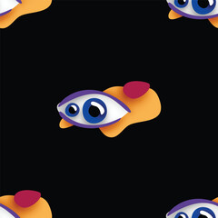 Seamless Pattern with Psyhodelical Print with Monster Eyes. Surreal Design on Black. Pop Art Cartoon Style with Stains. Endless Texture. Vector 3d Illustration