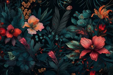 "Tropical Paradise: 3D Wallpaper with Colorful Flowers and Leaves for an Exotic Ambiance"Ai