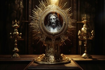 Eucharist Feast of Corpus Christi. Jesus Christ in the monstrance present in the Sacrament of the Eucharist. holy grail, bronze gold cup with christian and religious cross. Jesus Christ. Generative AI - obrazy, fototapety, plakaty