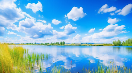 美しい風景、青い空と白い雲、湖