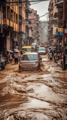 Fototapeta premium Huge flooding on a city street. Generative AI