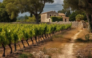 beautiful rural summer landscape vineyards with a rustic house, a trip to Europe, generative ai
