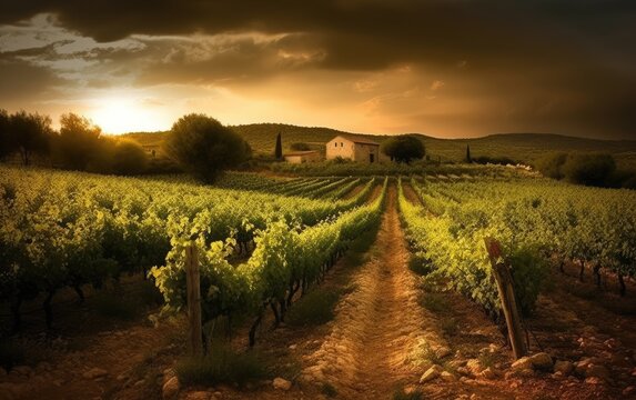 beautiful rural summer landscape vineyards with a rustic house, a trip to Europe, generative ai