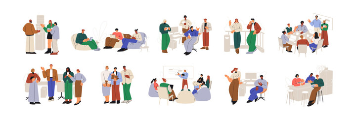 Office work scenes. Colleagues, company workers at corporate meetings, computers, workplaces, lunch break. Employee teams, daily life. Flat graphic vector illustrations isolated on white background