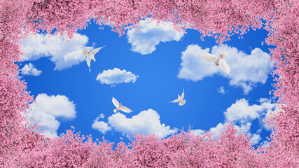 beautiful sky with cherry blossom, design for ceiling or plafond, wall, 3D Rendering - obrazy, fototapety, plakaty