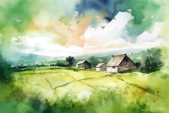 a picture of a rural landscape with a few dwellings visible in the background Generative AI Generative AI