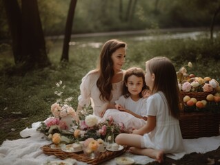 Happy mother's day. A serene and elegant portrait of a mother and her children enjoying a peaceful Mother's Day picnic. Generative AI