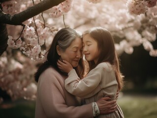 Happy mother's day. Photo of moment captured between a mother and her daughter, as they share a hug under a blooming cherry blossom tree on Mother's Day. Generative AI