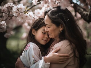 Fototapeta premium Happy mother's day. Photo of moment captured between a mother and her daughter, as they share a hug under a blooming cherry blossom tree on Mother's Day. Generative AI