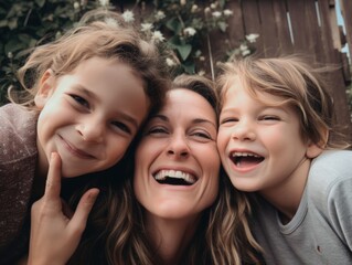 Fototapeta premium Happy mother's day. A heartwarming and candid snapshot of a mother and her kids celebrating Mother's Day together. Generative AI