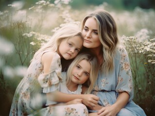 Happy mother's day. A heartwarming image of a mother embracing her grown - up children, surrounded by a field of blooming flowers. Generative AI