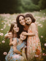 Happy mother's day. A heartwarming image of a mother embracing her grown - up children, surrounded by a field of blooming flowers. Generative AI