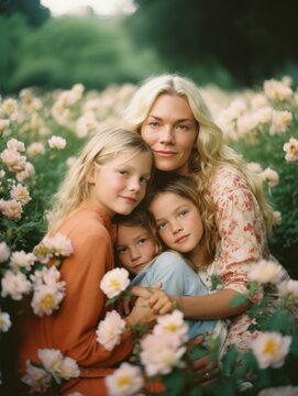 Happy mother's day. A heartwarming image of a mother embracing her grown - up children, surrounded by a field of blooming flowers. Generative AI