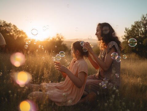 Happy mother's day. A playful image of a mother and her children playing with bubbles in a field of wildflowers on Mother's Day. Generative AI