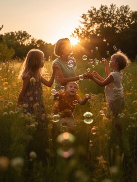 Happy mother's day. A playful image of a mother and her children playing with bubbles in a field of wildflowers on Mother's Day. Generative AI