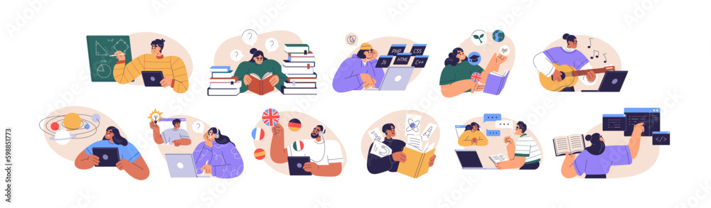 Poster people study set. education, knowledge concept. students learn online. computer science, information