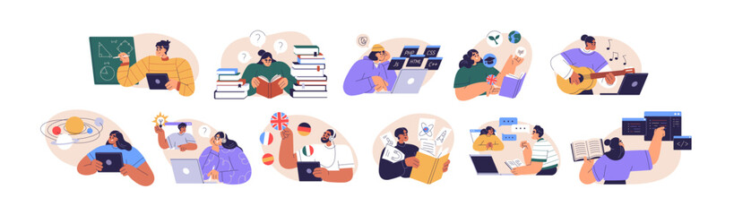 People study set. Education, knowledge concept. Students learn online. Computer science, information technology, language and business courses. Flat vector illustrations isolated on white background © Good Studio