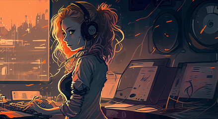 illustration of a girl wearing the headphone playing music with dj equipment, neon lights effect