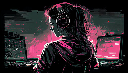illustration of a girl wearing the headphone playing music with dj equipment, neon lights effect