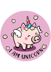 Funny unicorn piggy on round sticker
