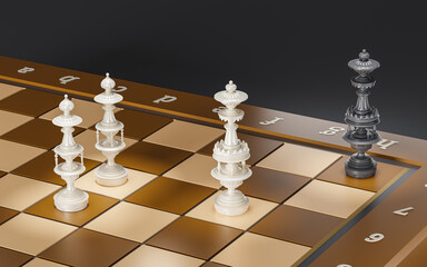 3d render vintage chessboard with two bishops checkmate on black background