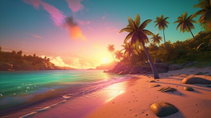 Colorful stunningly realistic beach scene in modern style on yellow background. Summer vacation fun. Summer season background.