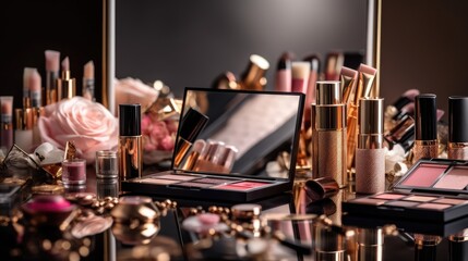 Fototapeta na wymiar Stunning array of high-end cosmetics, including designer lipsticks, eyeshadow palettes, and luxurious makeup brushes. Generative AI