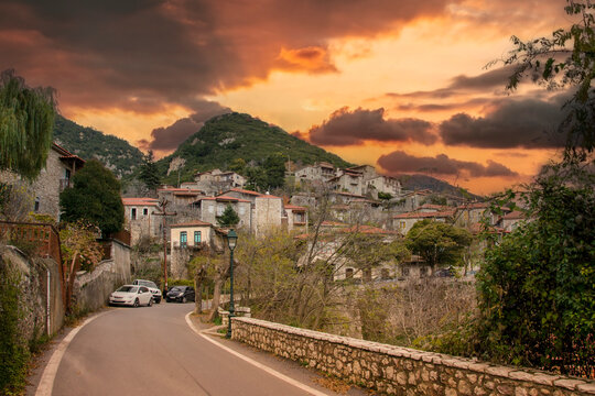 Stemnitsa village in a winter sunset. Menalon mountain ,Peloponnese. Greece