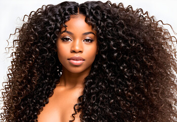 African american woman with long and shiny wavy hair on white background. Beautiful model with curly hairstyle. Generative AI.