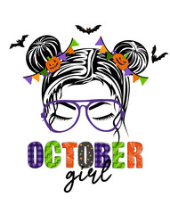 October girl. Hand drawn woman face with spooky pumpkins, bats and doodle text. Happy halloween concept. Holiday design for poster, banner, t shirt, card, flyer, invitation. Vector illustration