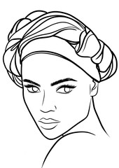 Beautiful young woman with traditional headscarf outline illustration isolated on transparent background