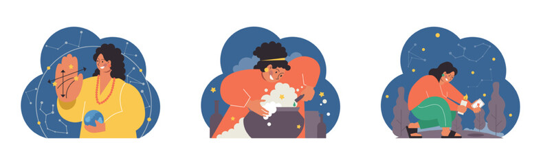 Occultism set. Character performing witchcraft rituals, sorcery and magic