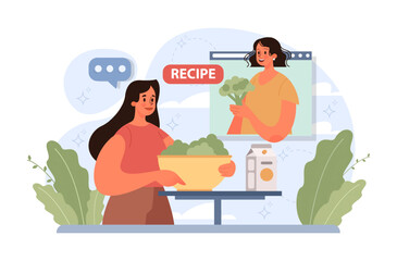 Woman cooking healthy food with online tutorial. Female charactrer