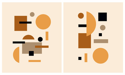 Abstract Geometric Vector Illustration. Black, Beige and Pale Gold Circles, Squares and Lines Isolated on a Beige Background. Mid Century Art Style Print. Minimalist Geometric Print. Symbolism.