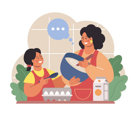 Mother cooking healthy food with her daughter. Family following