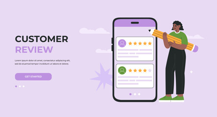 Girl with big pencil giving feedback review in mobile app. Landing page. Customer satisfaction rating, consumer online survey. Hand drawn vector illustration isolated on background, flat cartoon style