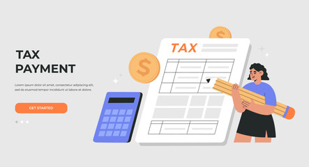 Online tax payment concept. Calculation and filling of tax return. Financial report. Landing page template. Vector illustration, isolated on light background, flat cartoon style