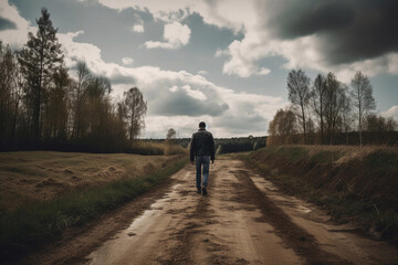 man is walking on a country road. AI Generated