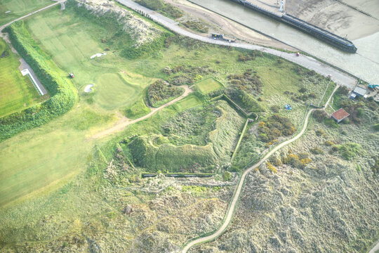 Aerial view of a fort known as Littlehampton Redoubt which was built in 1854 and currently being restored to the river entrance of the Arun.