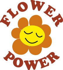 Seventies retro slogan Flower Power. Colorful vector illustration in vintage style. 70s 60s nostalgic poster or card, t-shirt print
