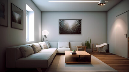 Stylish scandinavian living room with design furniture, plants, bamboo bookstand and wooden desk. Abstract painting on the white wall. Modern decor of bright room, Generative AI