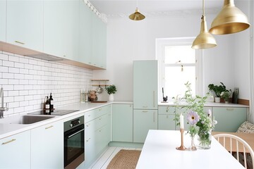 Minimalist Scandinavian Kitchen with Wood Accent, Ai Generative