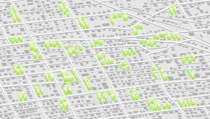 Modern isometric or 3d location map with abstract industrial buildings, city landmarks, streets. Clean design template. Vector illustration. View from above the map buildings